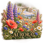 Artwork visualization: Wildflower meadow — living room focal point, personalized AURORA, subject-shaped acrylic with printed optical 3D depth; not carved relief.