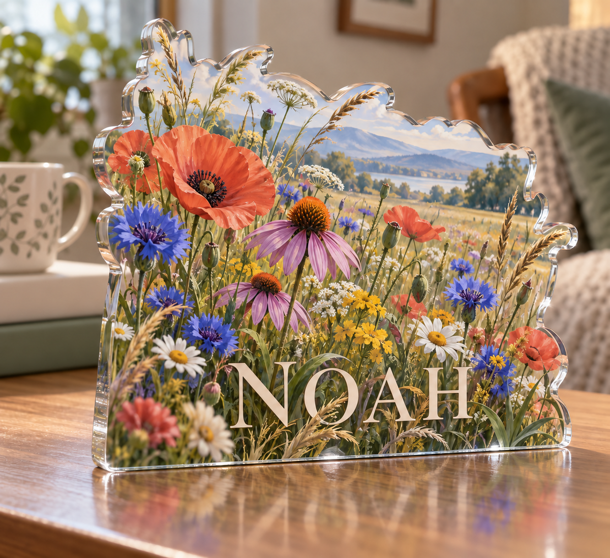 Artwork visualization: Wildflower meadow — quiet corner decoration, personalized NOAH, subject-shaped acrylic with printed optical 3D depth; not carved relief.