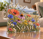 Artwork visualization: Wildflower meadow — quiet corner decoration, personalized NOAH, subject-shaped acrylic with printed optical 3D depth; not carved relief.