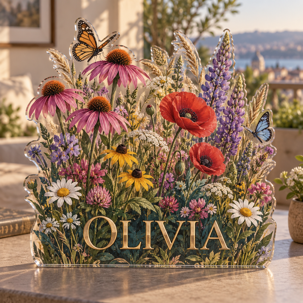 Artwork visualization: Wildflower meadow — apartment gallery wall, personalized OLIVIA, subject-shaped acrylic with printed optical 3D depth; not carved relief.
