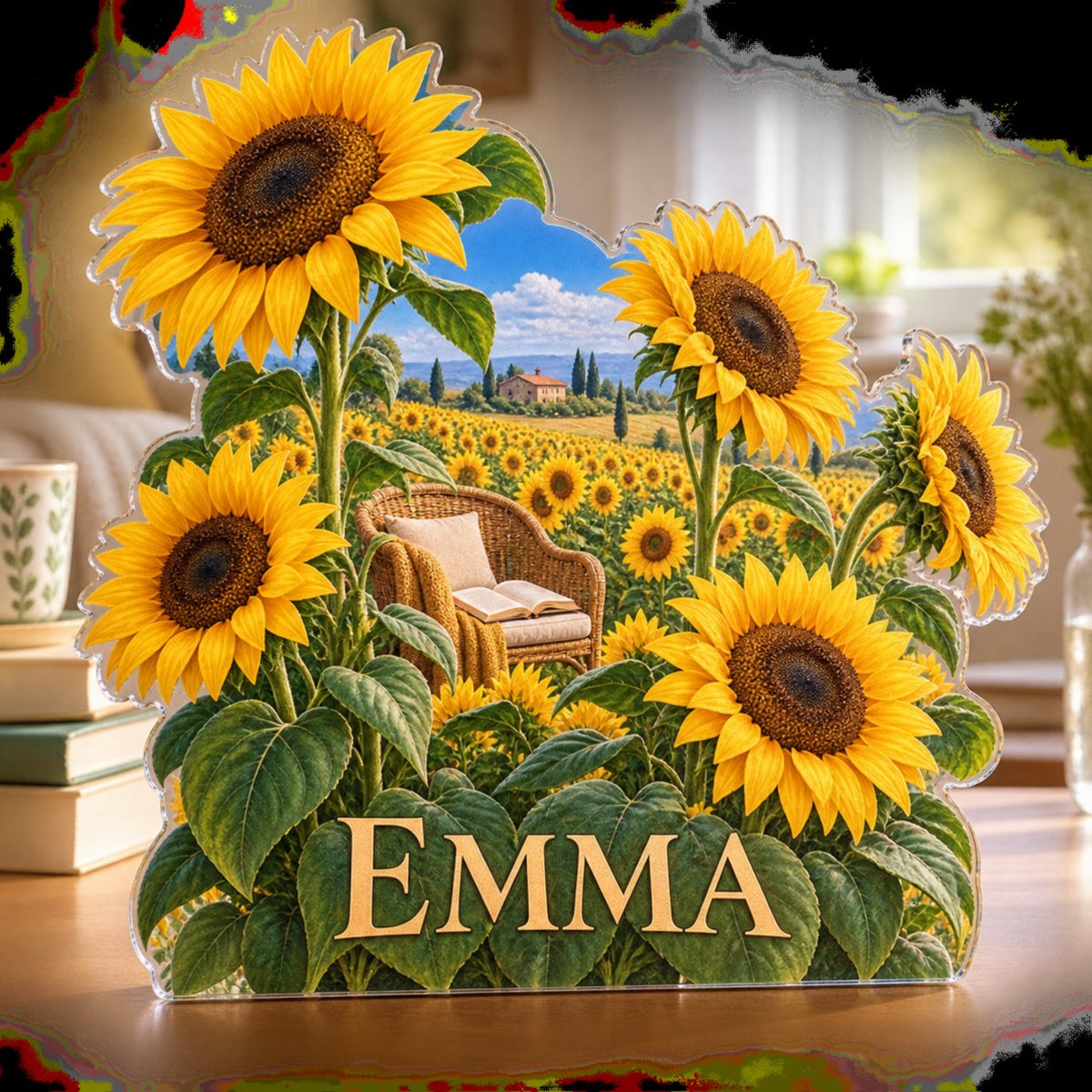 Personalized Sunflower Field Reading Nook Decor custom shape acrylic plaque with an example name set into the artwork, digital preview