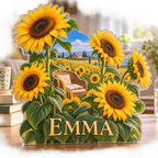 Artwork visualization: Sunflower field — reading nook decor, personalized EMMA, subject-shaped acrylic with printed optical 3D depth; not carved relief.