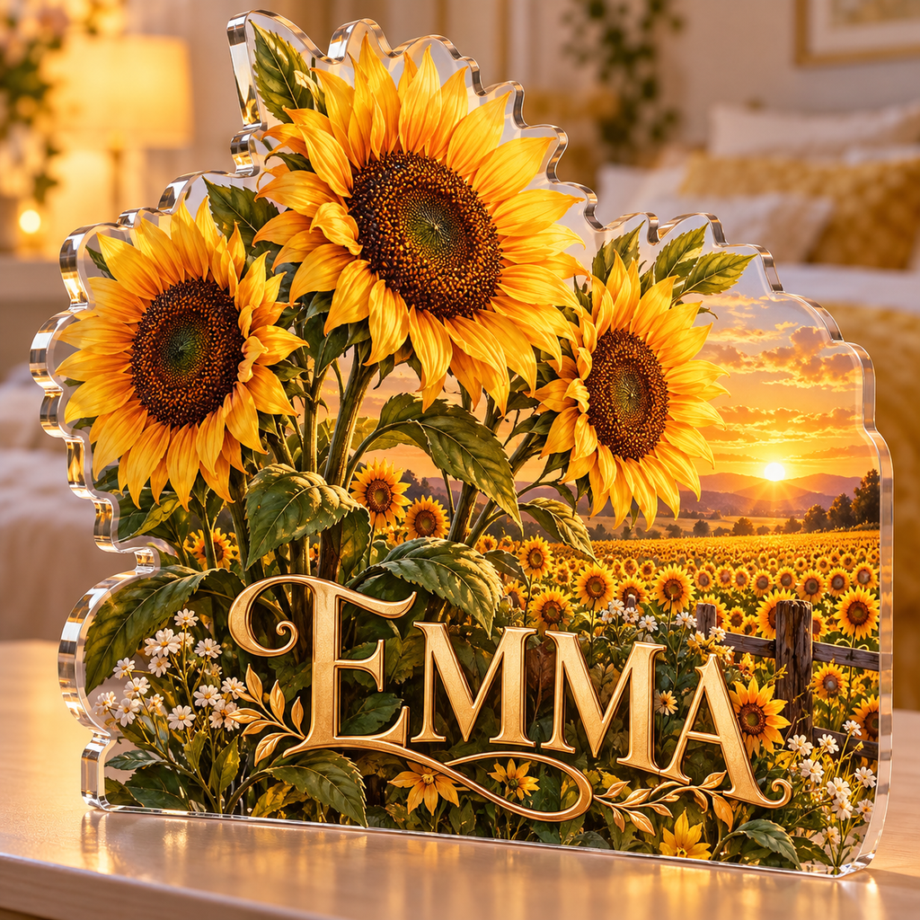 Artwork visualization: Sunflower field — bedroom statement decor, personalized EMMA, subject-shaped acrylic with printed optical 3D depth; not carved relief.