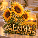 Artwork visualization: Sunflower field — bedroom statement decor, personalized EMMA, subject-shaped acrylic with printed optical 3D depth; not carved relief.