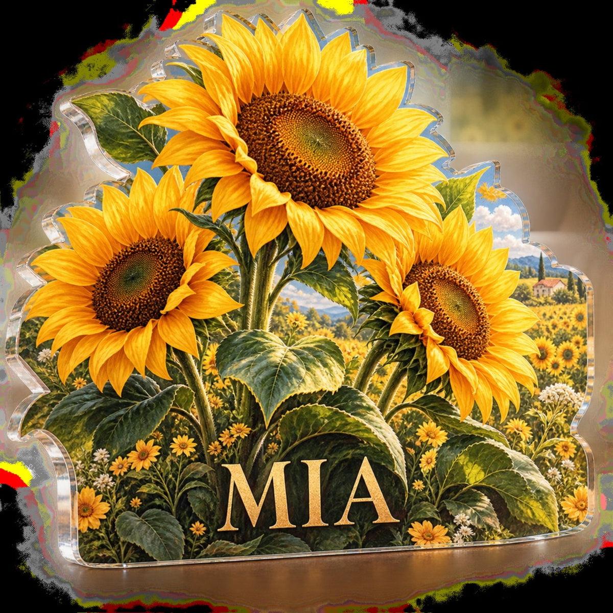 Personalized Sunflower Field Living Room Focal Point custom shape acrylic plaque with an example name set into the artwork, digital preview