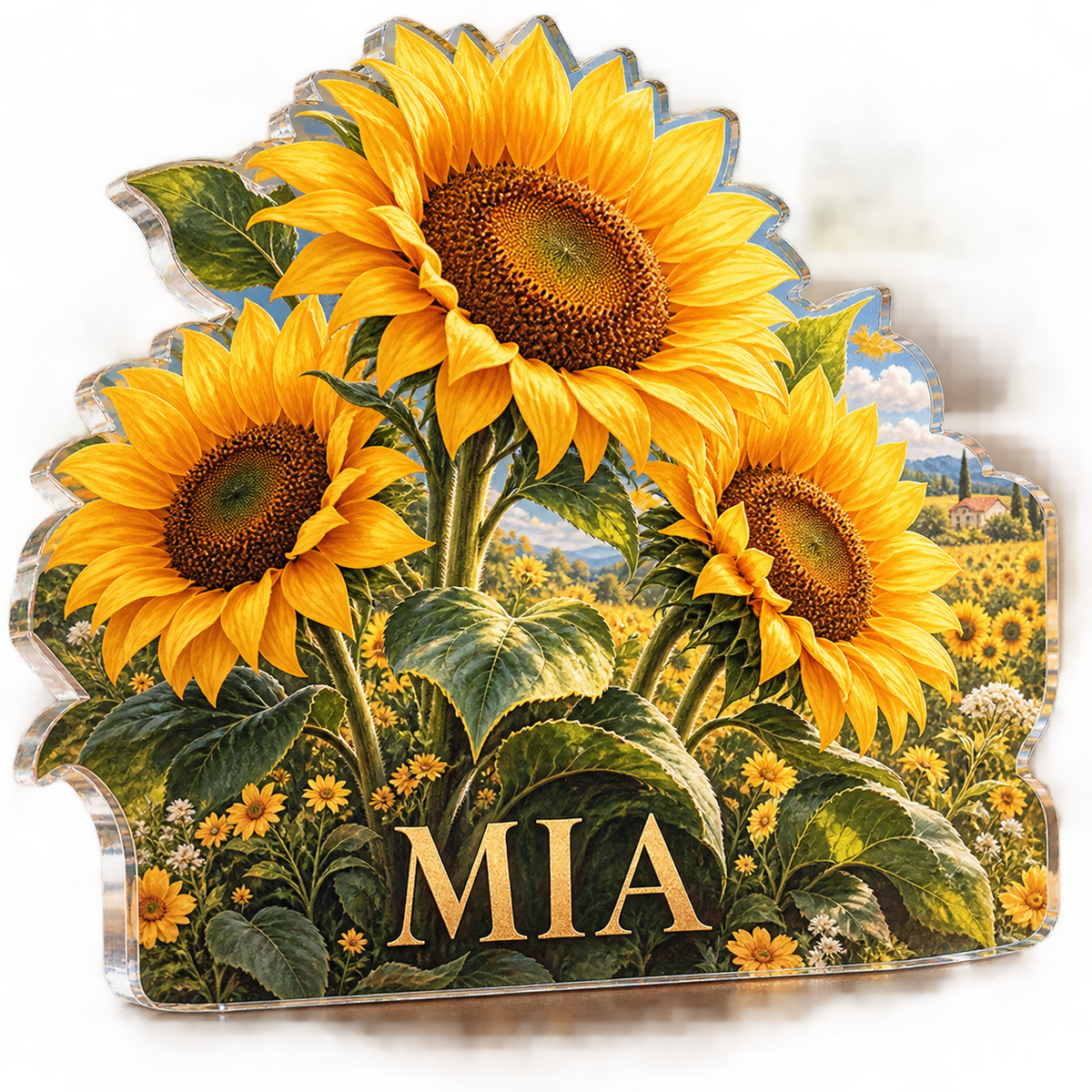 Artwork visualization: Sunflower field — living room focal point, personalized MIA, subject-shaped acrylic with printed optical 3D depth; not carved relief.