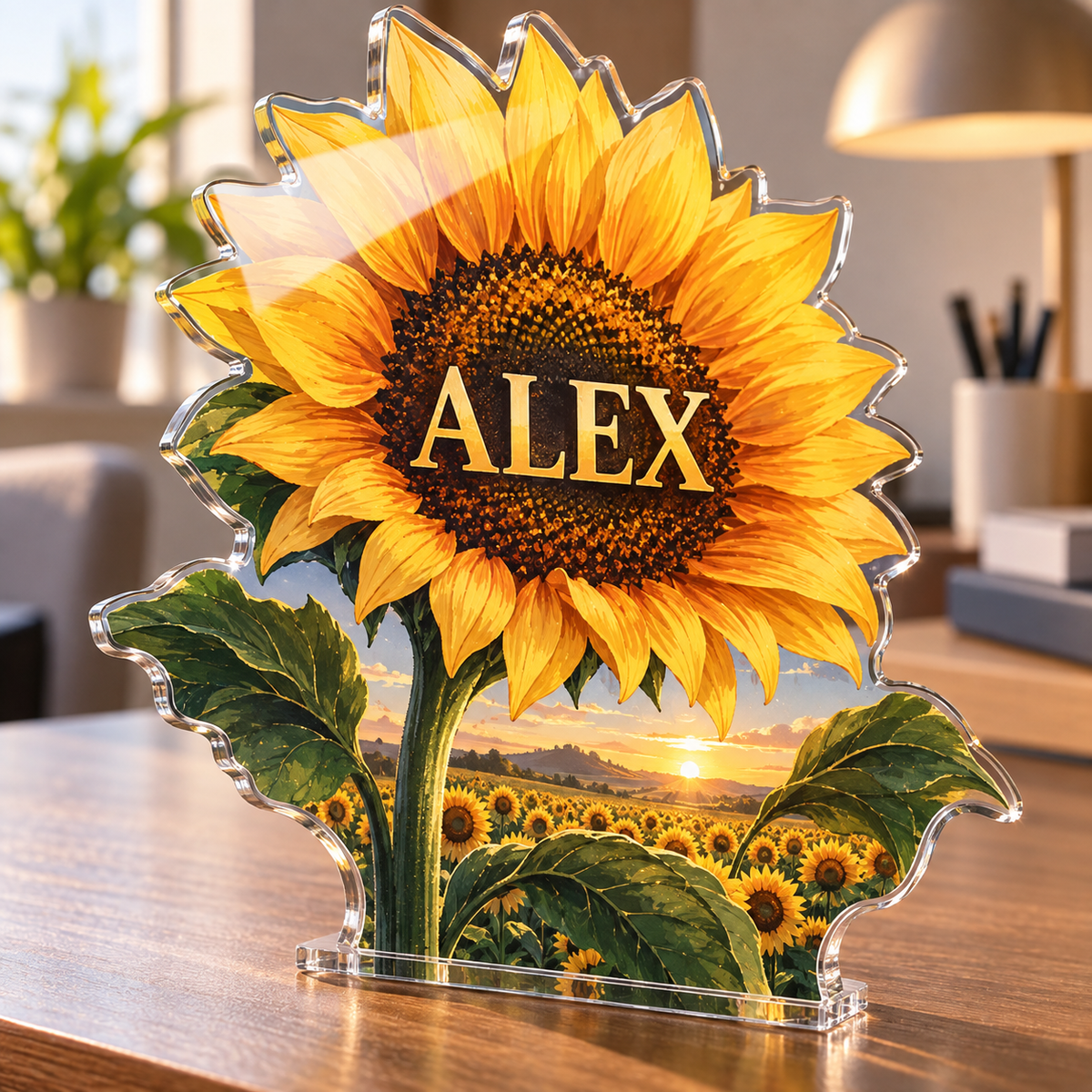 Artwork visualization: Sunflower field — home office backdrop, personalized ALEX, subject-shaped acrylic with printed optical 3D depth; not carved relief.