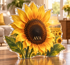 Artwork visualization: Sunflower field — personalized housewarming, personalized AVA, subject-shaped acrylic with printed optical 3D depth; not carved relief.