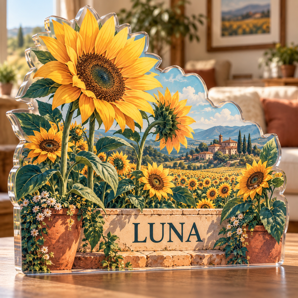 Artwork visualization: Sunflower field — apartment gallery wall, personalized LUNA, subject-shaped acrylic with printed optical 3D depth; not carved relief.