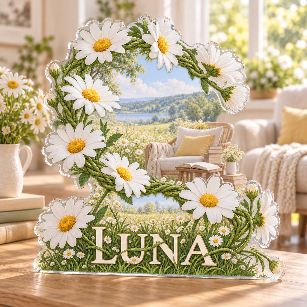 Artwork visualization: Daisy chain — reading nook decor, personalized LUNA, subject-shaped acrylic with printed optical 3D depth; not carved relief.