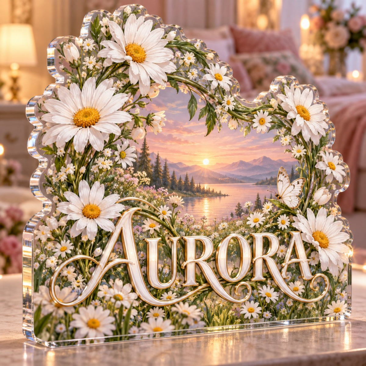 Personalized Daisy Chain Bedroom Statement Decor custom shape acrylic plaque with an example name set into the artwork, digital preview