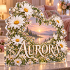 Artwork visualization: Daisy chain — bedroom statement decor, personalized AURORA, subject-shaped acrylic with printed optical 3D depth; not carved relief.