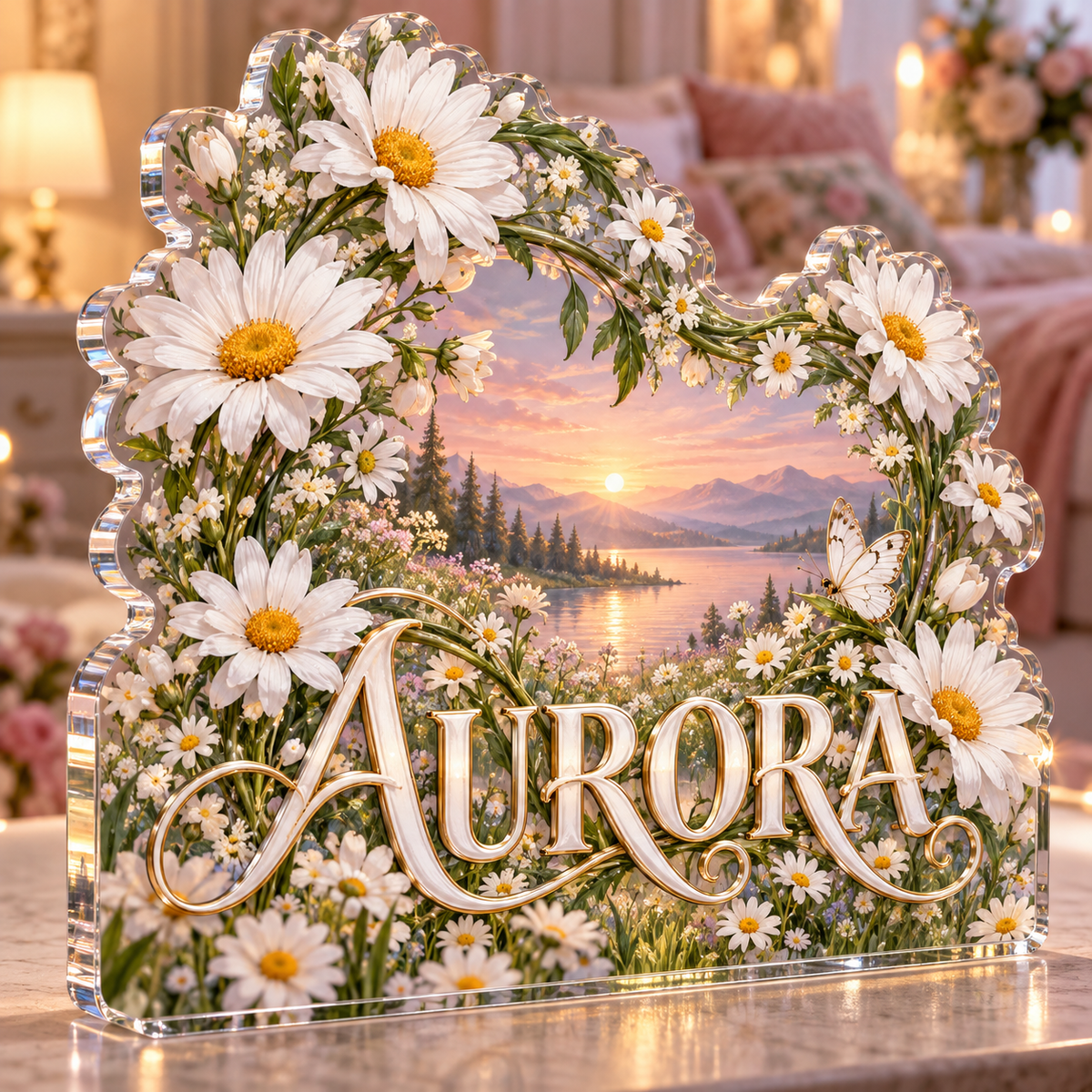Artwork visualization: Daisy chain — bedroom statement decor, personalized AURORA, subject-shaped acrylic with printed optical 3D depth; not carved relief.