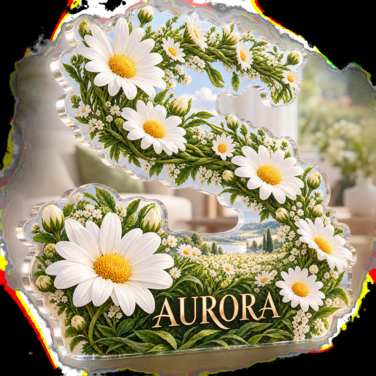 Personalized Daisy Chain Living Room Focal Point custom shape acrylic plaque with an example name set into the artwork, digital preview