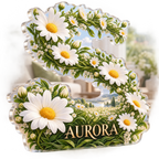 Artwork visualization: Daisy chain — living room focal point, personalized AURORA, subject-shaped acrylic with printed optical 3D depth; not carved relief.