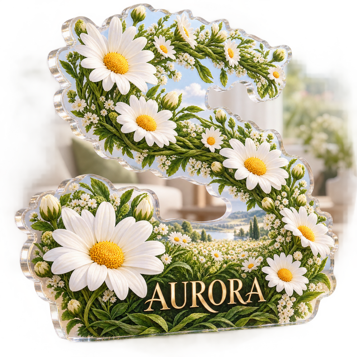 Artwork visualization: Daisy chain — living room focal point, personalized AURORA, subject-shaped acrylic with printed optical 3D depth; not carved relief.