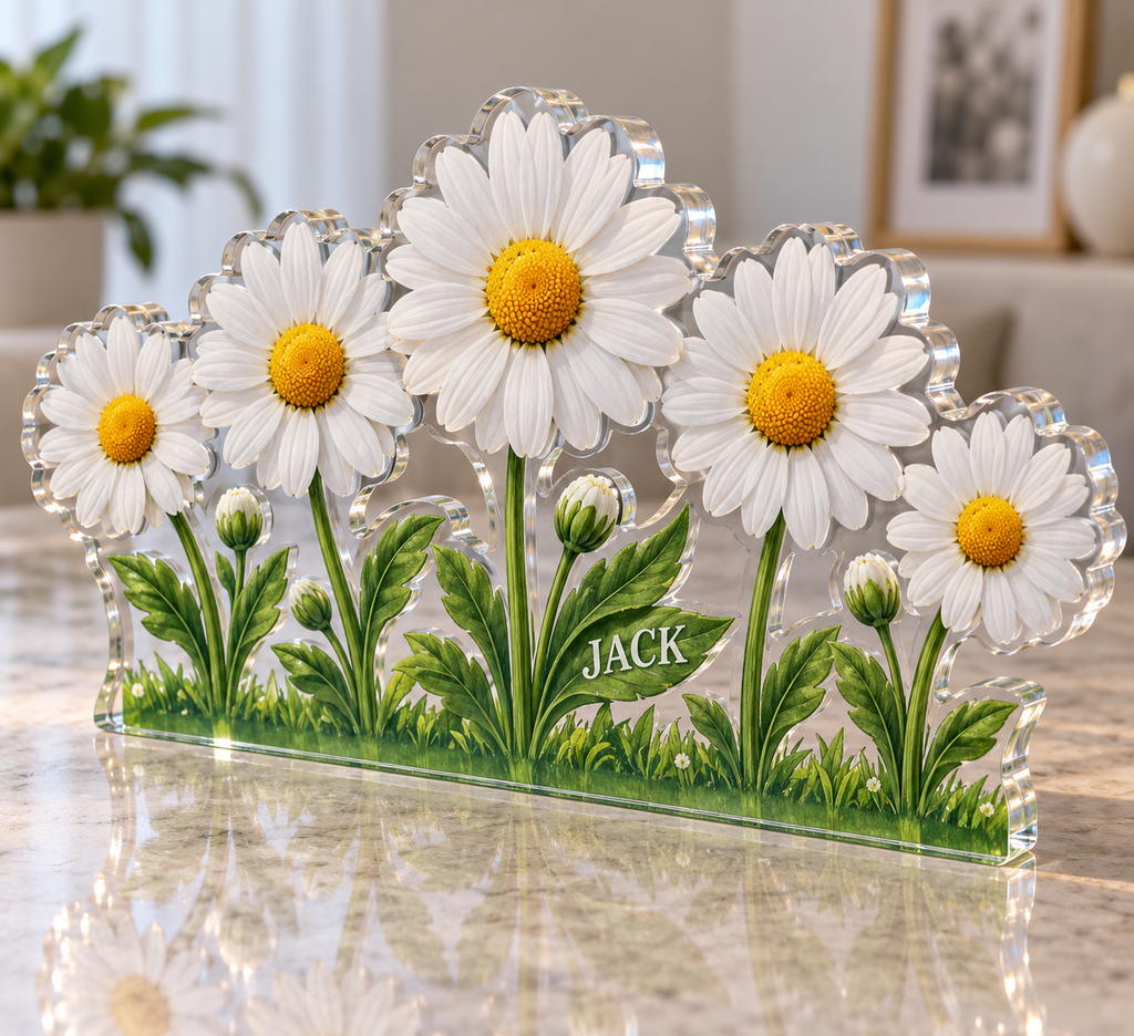 Artwork visualization: Daisy chain — personalized housewarming, personalized JACK, subject-shaped acrylic with printed optical 3D depth; not carved relief.