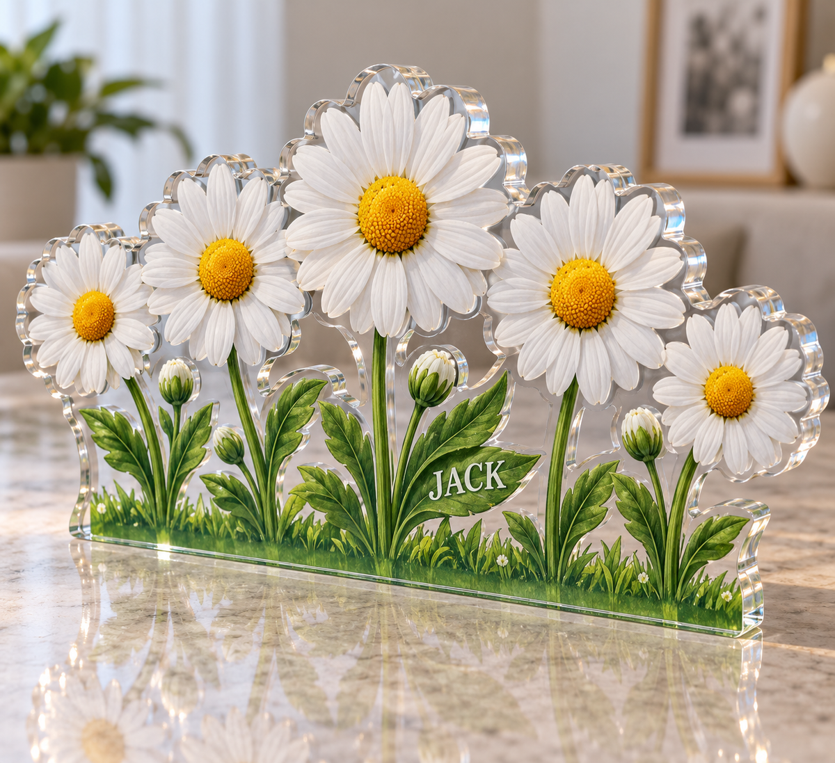 Artwork visualization: Daisy chain — personalized housewarming, personalized JACK, subject-shaped acrylic with printed optical 3D depth; not carved relief.