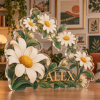 Artwork visualization: Daisy chain — apartment gallery wall, personalized ALEX, subject-shaped acrylic with printed optical 3D depth; not carved relief.