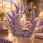 Artwork visualization: Lavender sprigs — reading nook decor, personalized OLIVIA, subject-shaped acrylic with printed optical 3D depth; not carved relief.