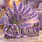 Artwork visualization: Lavender sprigs — bedroom statement decor, personalized AURORA, subject-shaped acrylic with printed optical 3D depth; not carved relief.