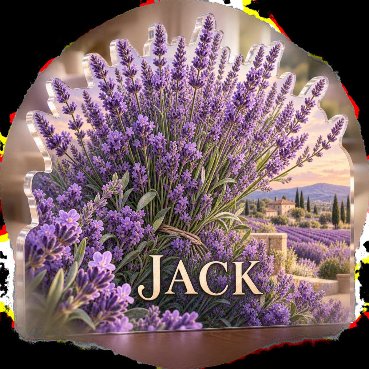 Personalized Lavender Sprigs Living Room Focal Point custom shape acrylic plaque with an example name set into the artwork, digital preview