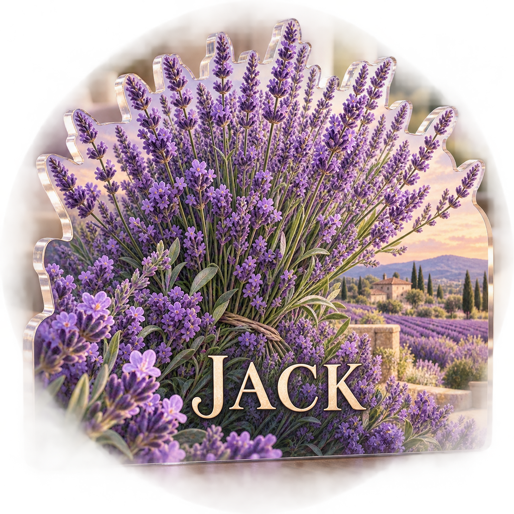 Artwork visualization: Lavender sprigs — living room focal point, personalized JACK, subject-shaped acrylic with printed optical 3D depth; not carved relief.