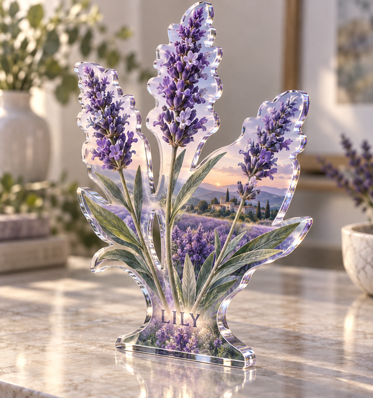 Artwork visualization: Lavender sprigs — personalized housewarming, personalized LILY, subject-shaped acrylic with printed optical 3D depth; not carved relief.