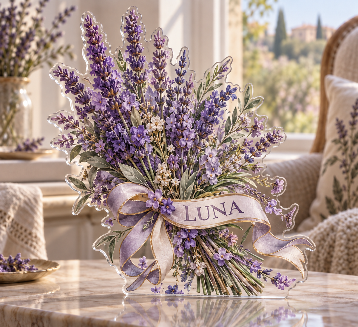 Artwork visualization: Lavender sprigs — quiet corner decoration, personalized LUNA, subject-shaped acrylic with printed optical 3D depth; not carved relief.