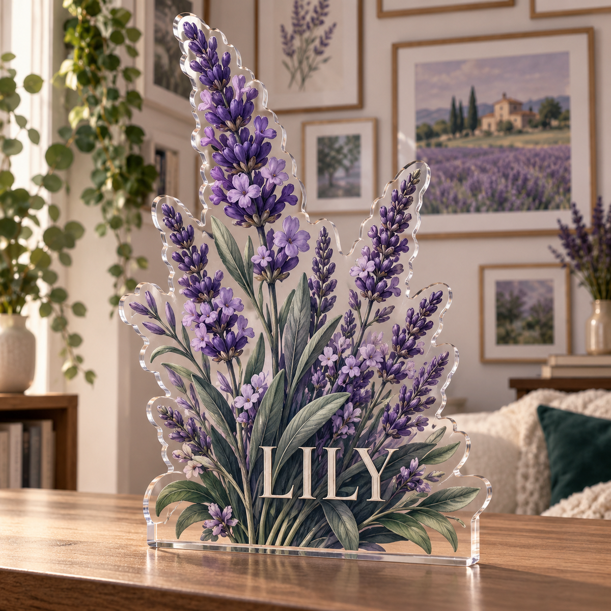 Artwork visualization: Lavender sprigs — apartment gallery wall, personalized LILY, subject-shaped acrylic with printed optical 3D depth; not carved relief.