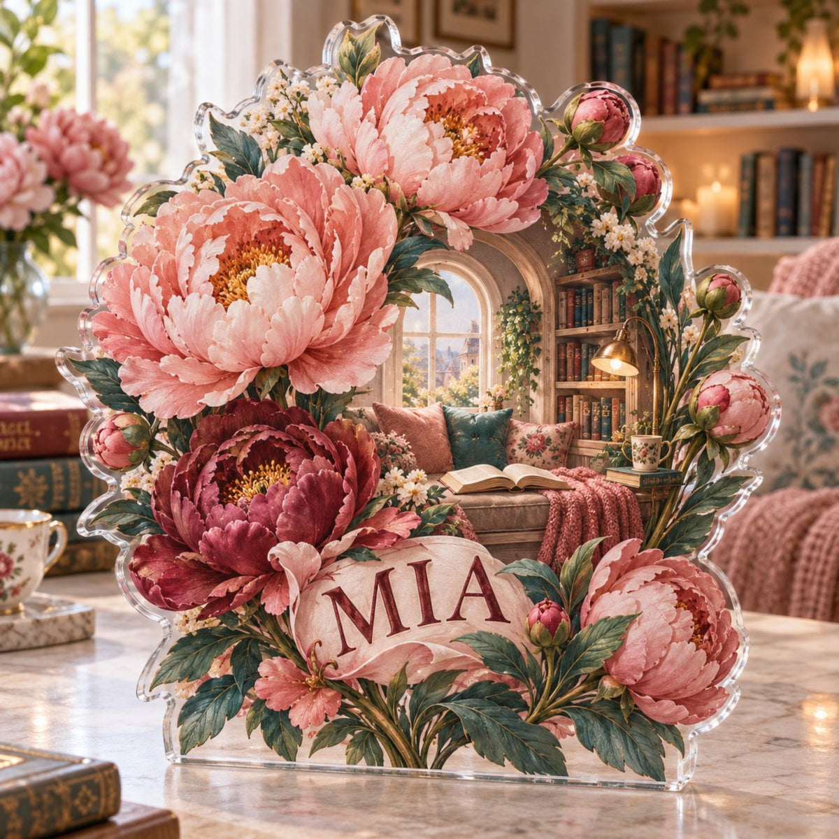 Personalized Peony Bouquet Reading Nook Decor custom shape acrylic plaque with an example name set into the artwork, digital preview