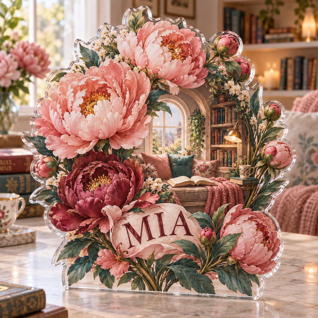 Artwork visualization: Peony bouquet — reading nook decor, personalized MIA, subject-shaped acrylic with printed optical 3D depth; not carved relief.