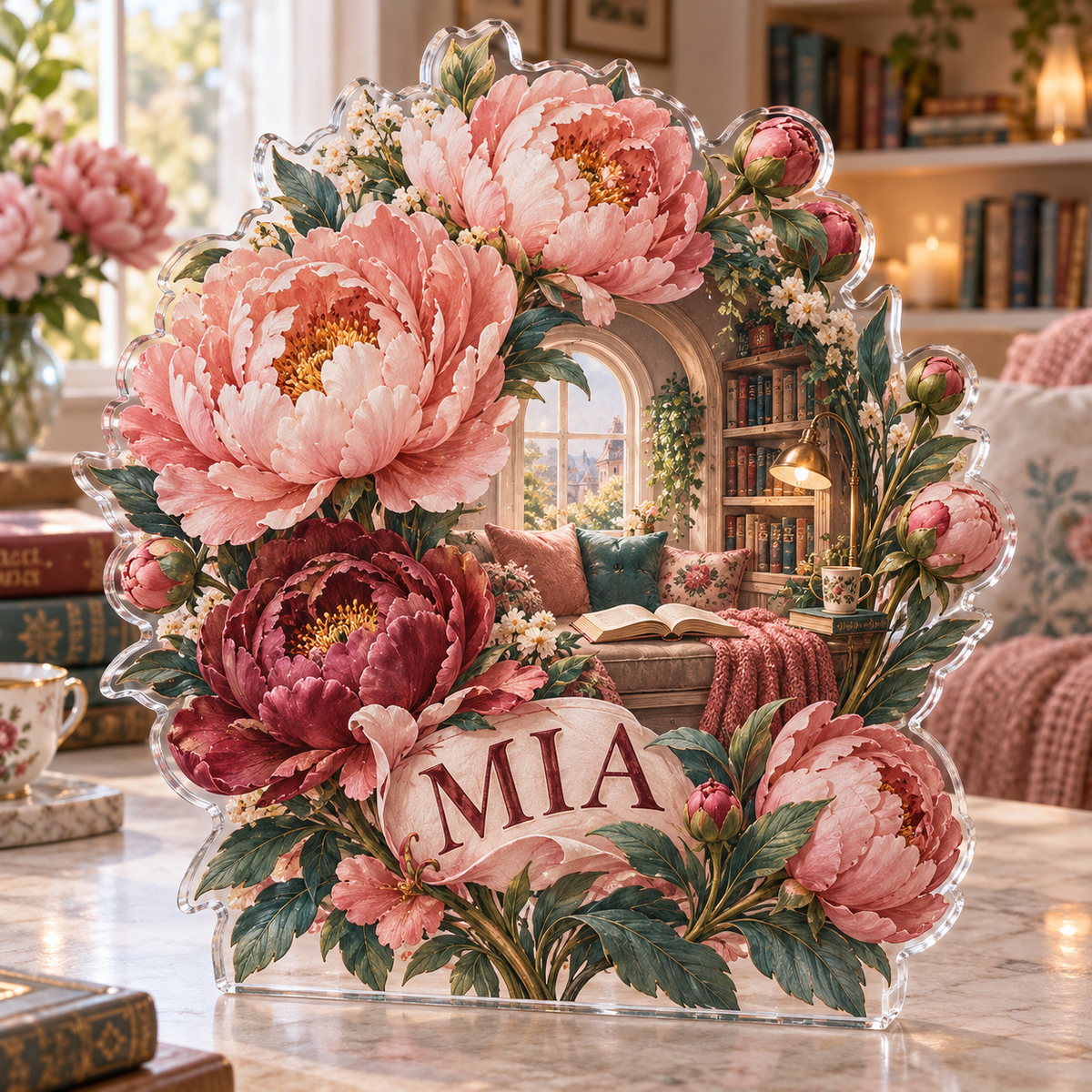Artwork visualization: Peony bouquet — reading nook decor, personalized MIA, subject-shaped acrylic with printed optical 3D depth; not carved relief.