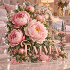 Artwork visualization: Peony bouquet — bedroom statement decor, personalized EMMA, subject-shaped acrylic with printed optical 3D depth; not carved relief.