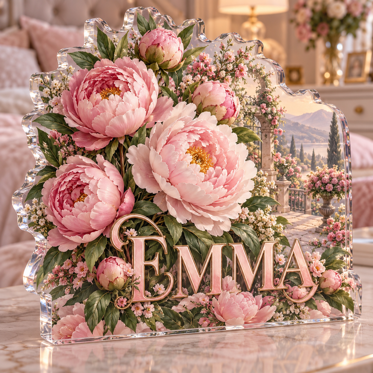 Artwork visualization: Peony bouquet — bedroom statement decor, personalized EMMA, subject-shaped acrylic with printed optical 3D depth; not carved relief.