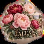 Personalized Peony Bouquet Living Room Focal Point custom shape acrylic plaque with an example name set into the artwork, digital preview