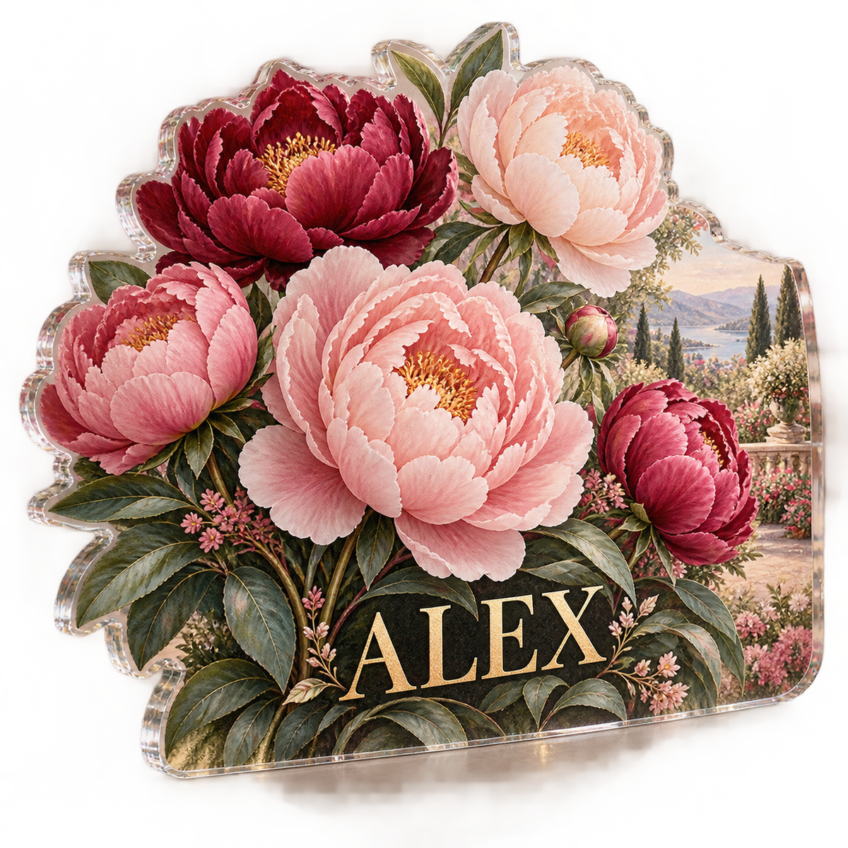 Artwork visualization: Peony bouquet — living room focal point, personalized ALEX, subject-shaped acrylic with printed optical 3D depth; not carved relief.