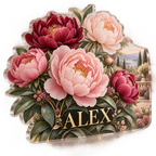 Artwork visualization: Peony bouquet — living room focal point, personalized ALEX, subject-shaped acrylic with printed optical 3D depth; not carved relief.