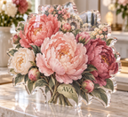 Artwork visualization: Peony bouquet — personalized housewarming, personalized AVA, subject-shaped acrylic with printed optical 3D depth; not carved relief.