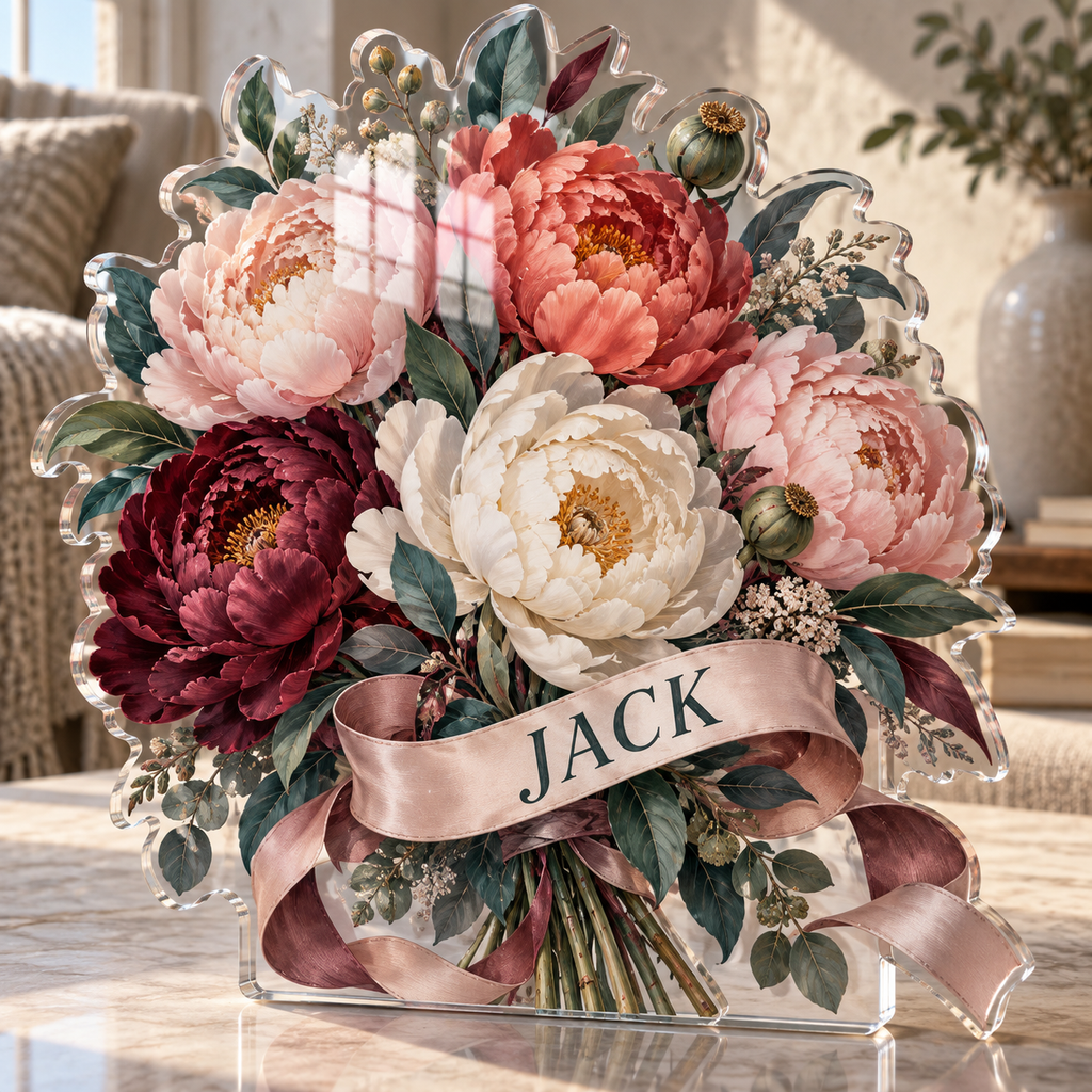 Artwork visualization: Peony bouquet — quiet corner decoration, personalized JACK, subject-shaped acrylic with printed optical 3D depth; not carved relief.