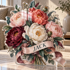 Artwork visualization: Peony bouquet — quiet corner decoration, personalized JACK, subject-shaped acrylic with printed optical 3D depth; not carved relief.