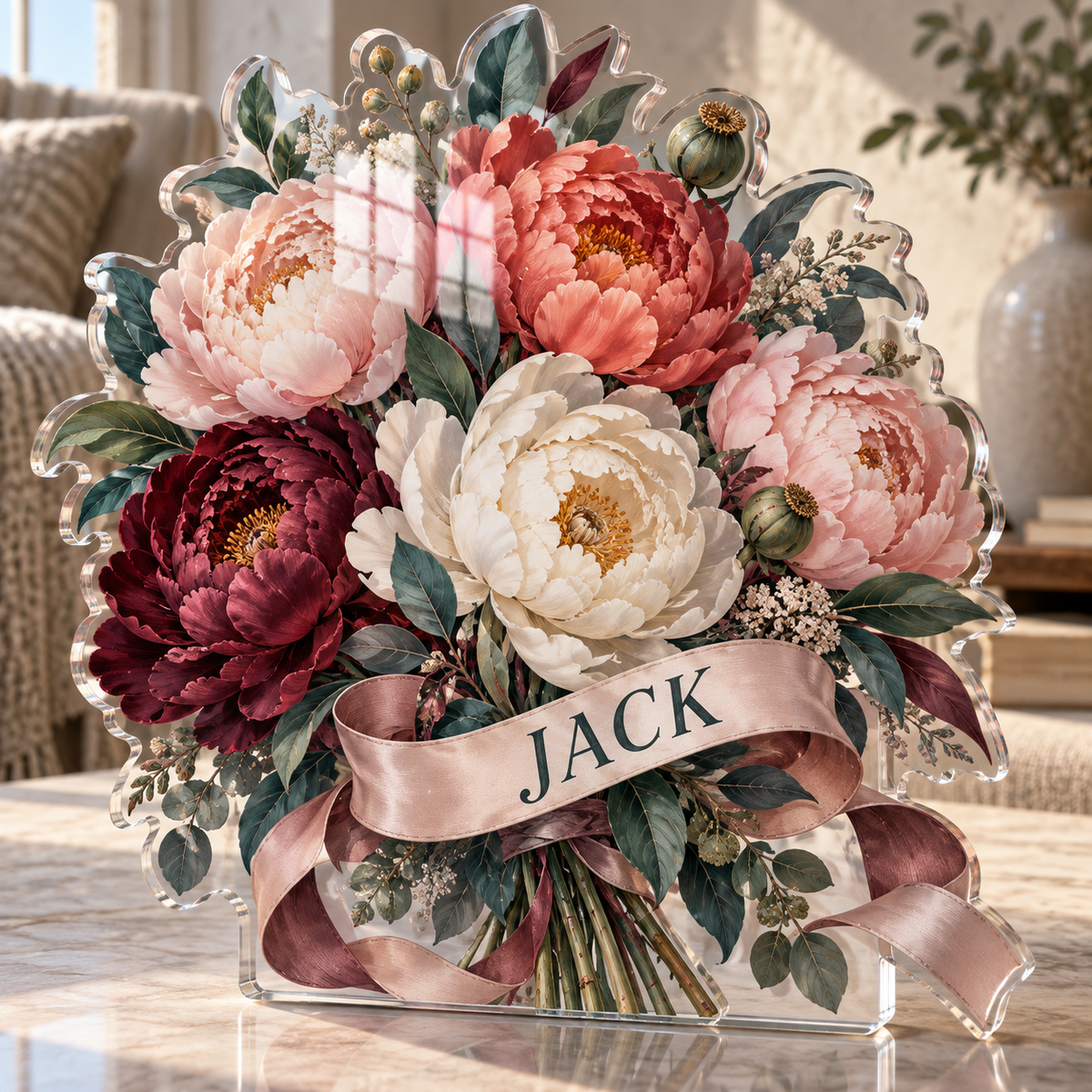 Artwork visualization: Peony bouquet — quiet corner decoration, personalized JACK, subject-shaped acrylic with printed optical 3D depth; not carved relief.