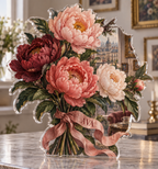 Artwork visualization: Peony bouquet — apartment gallery wall, personalized AVA, subject-shaped acrylic with printed optical 3D depth; not carved relief.