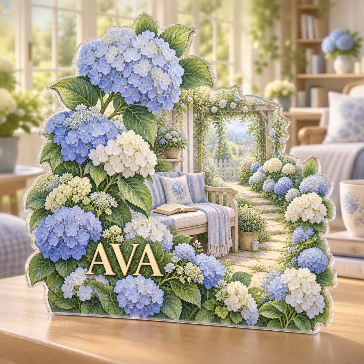 Personalized Hydrangea Garden Reading Nook Decor custom shape acrylic plaque with an example name set into the artwork, digital preview