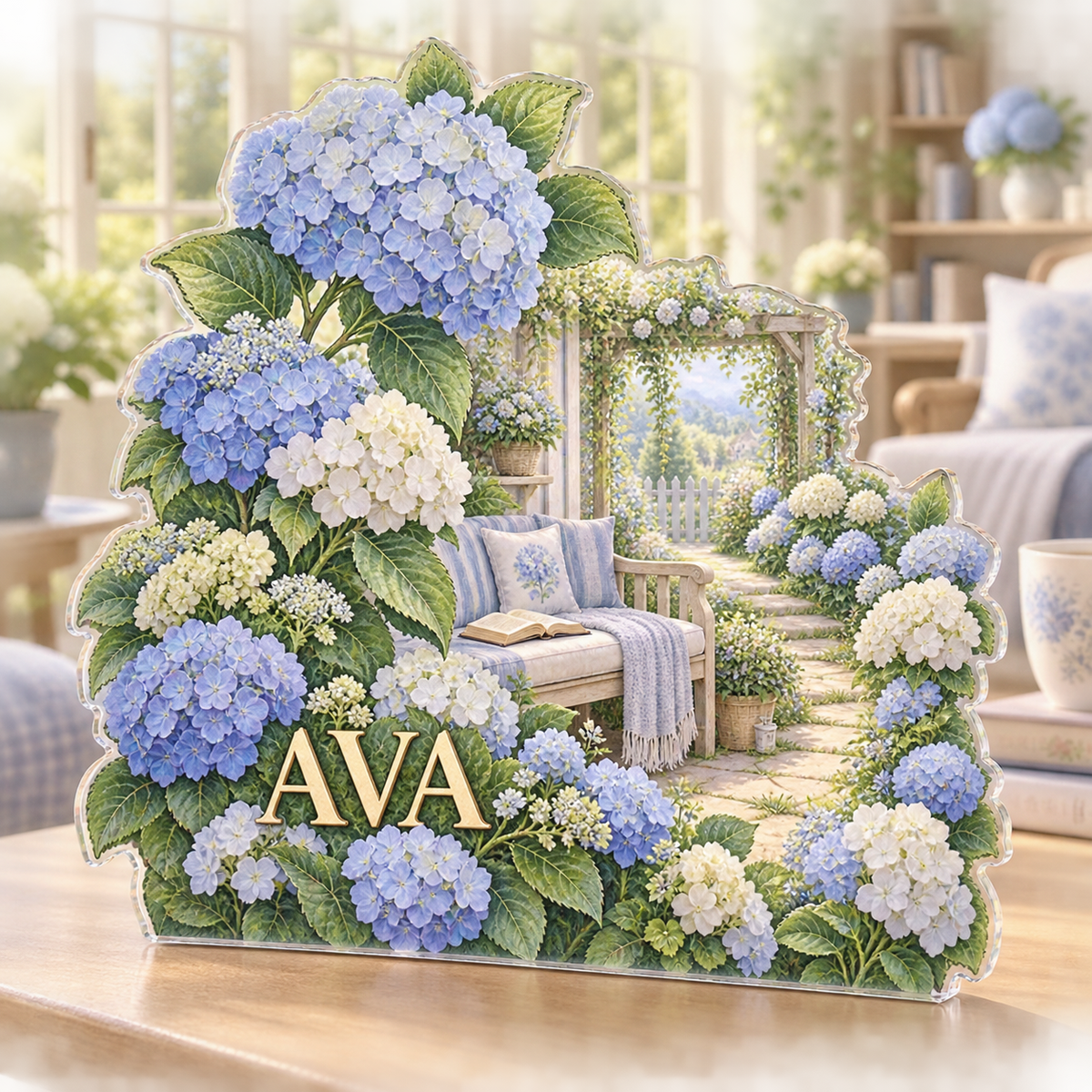 Artwork visualization: Hydrangea garden — reading nook decor, personalized AVA, subject-shaped acrylic with printed optical 3D depth; not carved relief.