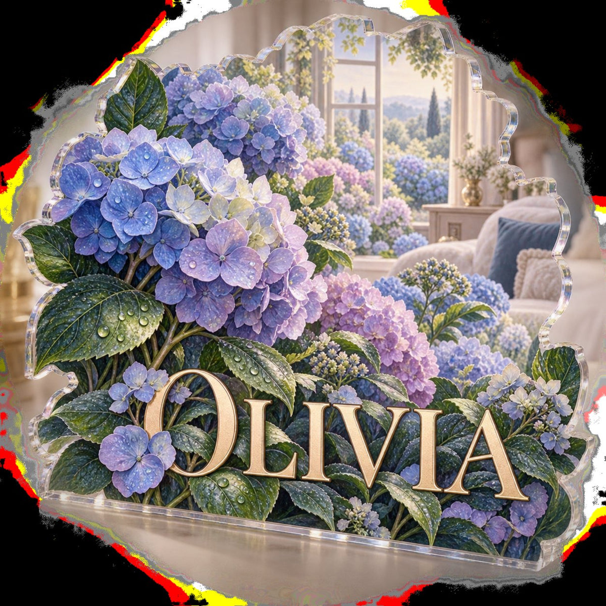 Personalized Hydrangea Garden Bedroom Statement Decor custom shape acrylic plaque with an example name set into the artwork, digital preview