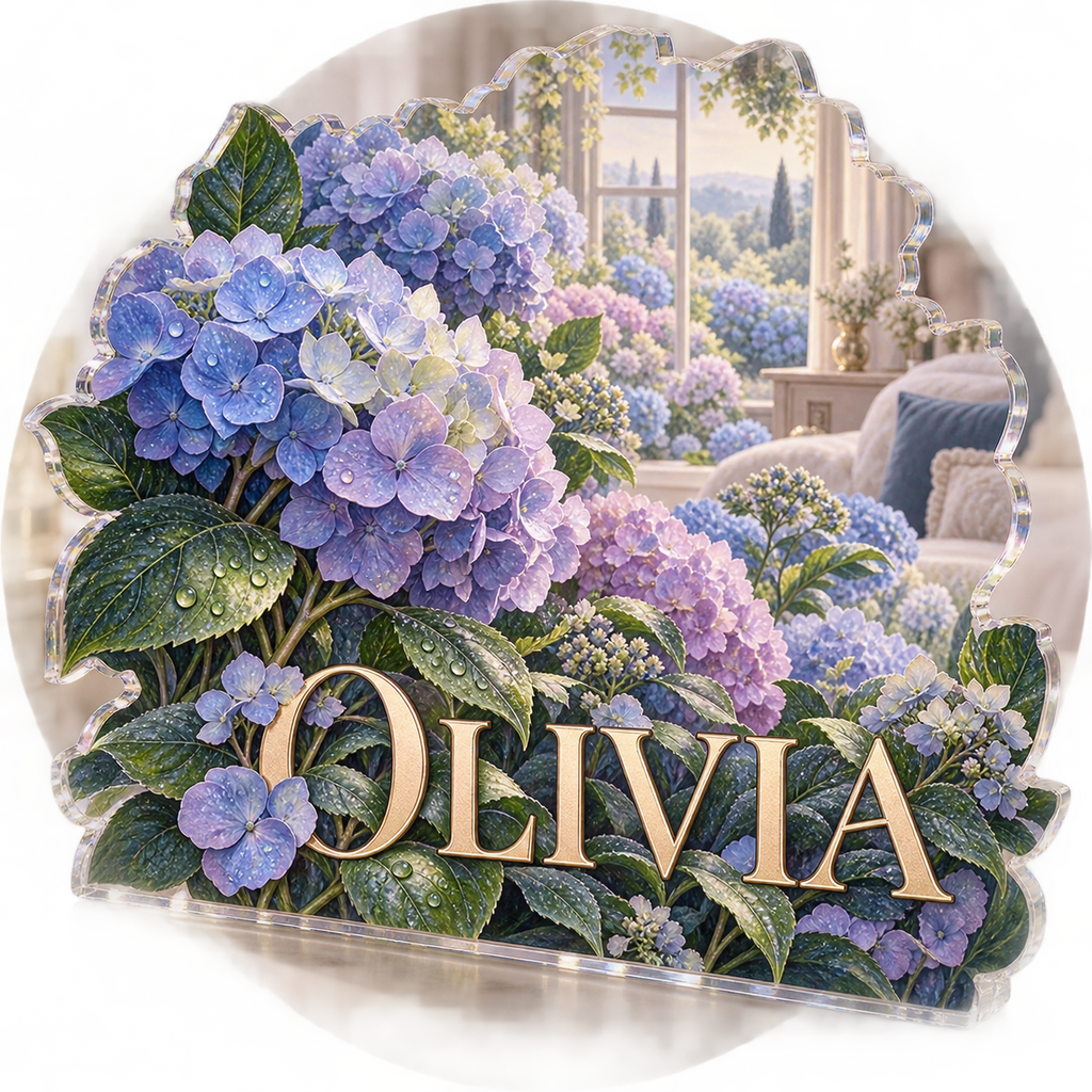 Artwork visualization: Hydrangea garden — bedroom statement decor, personalized OLIVIA, subject-shaped acrylic with printed optical 3D depth; not carved relief.