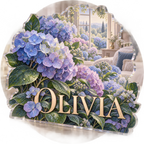 Artwork visualization: Hydrangea garden — bedroom statement decor, personalized OLIVIA, subject-shaped acrylic with printed optical 3D depth; not carved relief.