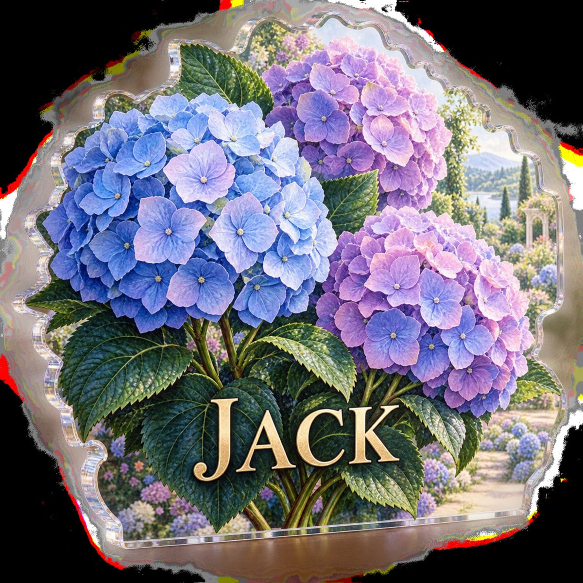 Personalized Hydrangea Garden Living Room Focal Point custom shape acrylic plaque with an example name set into the artwork, digital preview