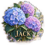Artwork visualization: Hydrangea garden — living room focal point, personalized JACK, subject-shaped acrylic with printed optical 3D depth; not carved relief.
